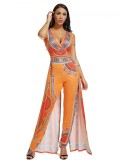 Snug Fit Orange Deep V-Neck Ethnic Printing Jumpsuit Garment