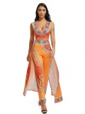 Snug Fit Orange Deep V-Neck Ethnic Printing Jumpsuit Garment