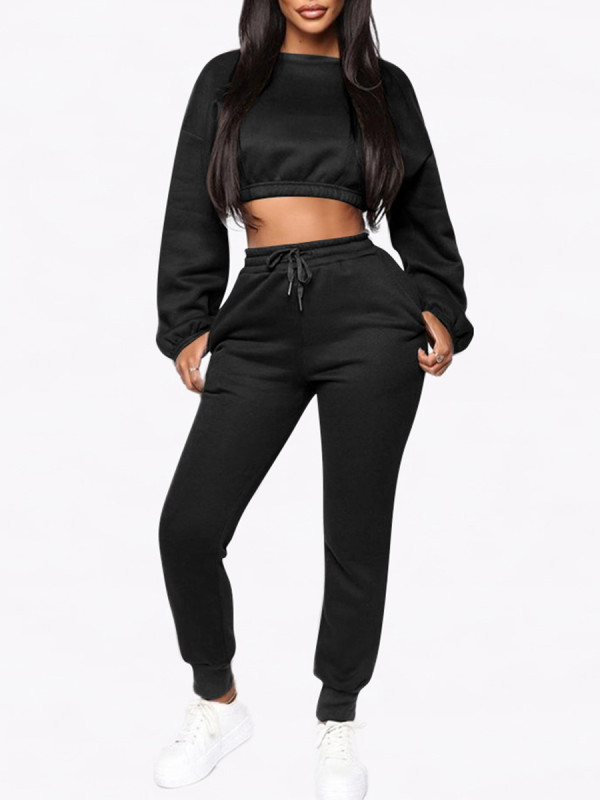 Hawaii Black Cropped Pocket Long Sleeves Sports Suit With Stylish Comfort Design