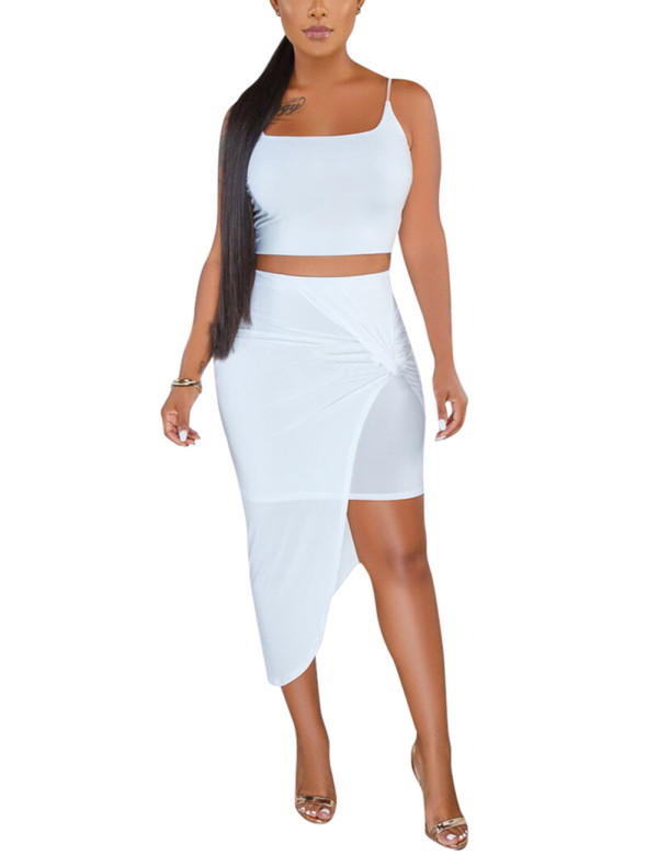 White Sling Shirring High-Low Hem Skirt Set Chic Online Beautiful and elegant