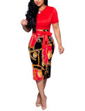 Women's fashion casual print Red Split Back Knot Short Sleeve Tight Midi Dress Outfit