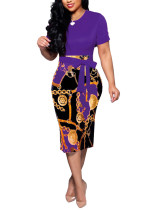 Women's Fashion Casual Print Purple Patchwork Tight Midi Dress Crew Neck Dress