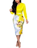 Yellow Ladies Formal Clothing Slim One-piece Dress With Belt 