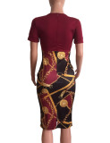 Wine Red Waist Knot Print Patchwork Bodycon Dress  Fashion Casual  Bag Hip Dress