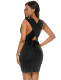 Black Sleeveless Backless V Neck Mini Bodycon Dress Comfort Fabric