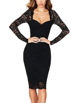 Black Lace Patchwork Full Sleeve Bodycon Dress Female Comfort Sexy Fashion Style