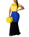 Yellow Retro Round Collar Contrast Color Mermaid Dress For Female Suitable for Holiday