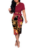 Wine Red Waist Knot Print Patchwork Bodycon Dress  Fashion Casual  Bag Hip Dress