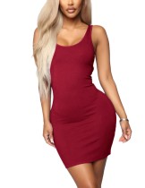 Wine Red Pure Color Sleeveless Bodycon Dress Backless Comfort Sexy Fashion Style
