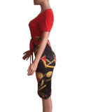 Women's fashion casual print Red Split Back Knot Short Sleeve Tight Midi Dress Outfit