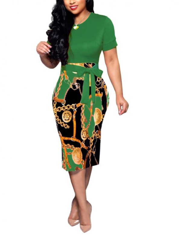 Women's Green Tie Waist Slit Back Short Sleeve Classic Midi Dress Dress