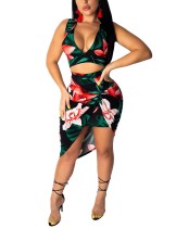 Fairy Black Cut Out Floral Print Tight High-Low Skirt Set Glamor Sexy Fashion Style