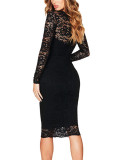 Black Lace Patchwork Full Sleeve Bodycon Dress Female Comfort Sexy Fashion Style 