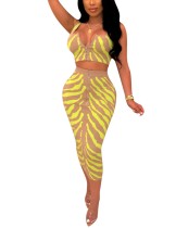 Yellow Wide Strap Zip Print Midi Skirt Set Fashion Style For Walking Vacation