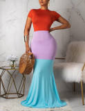 Orange Three-Color Stitching Trumpet Trim Dress Comfort Sexy Fashion Style  