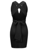 Black Sleeveless Backless V Neck Mini Bodycon Dress Comfort Fabric