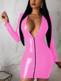 Pink Long Sleeve Bodycon Dress Bright Leather Fashion Style