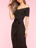 Slender Black Front Button Off Shoulder Bodycon Dress For Vacation Suitable for Travel