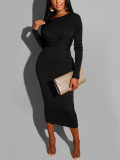 Black Solid Color Bodycon Dress Long Sleeve  Elegant  Fashion Style