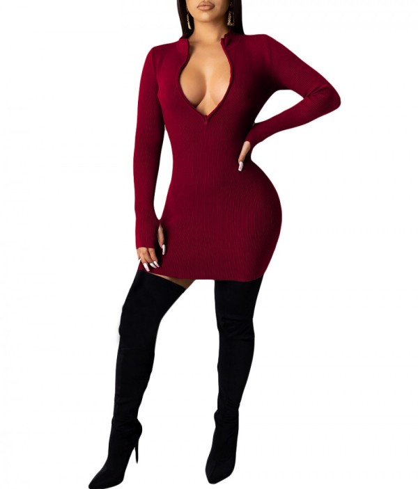 Wine Red Front Zipper Long Sleeve Bodycon Dress Feminine Fashion Style