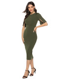 Army Green Round Neck Bodycon Dress Waist Woman Comfortable Fabrics
