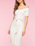 Well-Suited White Off Shoulder Bodycon Dress Waist Tie Girls Beautiful and Elegant