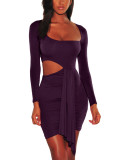 Dark Purple Long Sleeve Solid Color Bodycon Dress For Lover Comfortable Fabrics