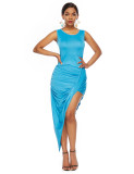 Sleeveless Irregular Unilateral Light Blue Dress Loose Fit Comfortable Fabrics