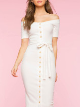 Well-Suited White Off Shoulder Bodycon Dress Waist Tie Girls Beautiful and Elegant