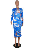 Light Blue Zip Neckline Full Sleeve Bodycon Dress Comfortable Fabrics