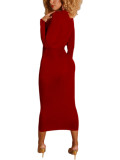 Red Tie Waist Crew Neck Bodycon Dress Long Sleeve Elegant Fashion Style For Traveling