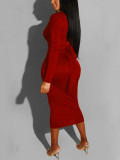 Red Tie Waist Crew Neck Bodycon Dress Long Sleeve  Elegant  Fashion Style