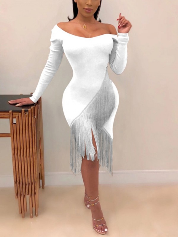 Luscious White High-Low Hem Bodycon Dress  Long Sleeve  Elegant  Fashion Style