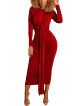Red Tie Waist Crew Neck Bodycon Dress Long Sleeve  Elegant  Fashion Style