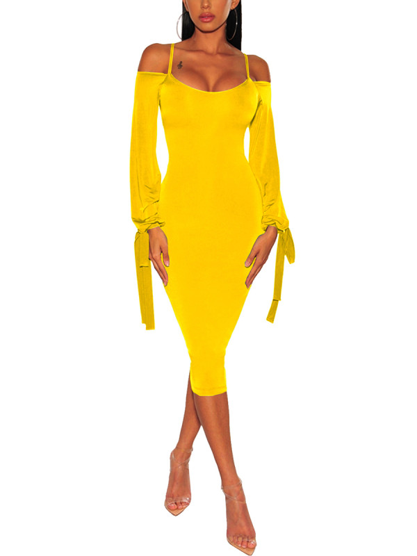 Yellow Long Sleeve Bodycon Dress Cold Shoulder Solid Color Comfortable Fabrics