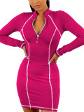 Rose Red Contrast Color Zipper Bodycon Dress Zip Suitable Weekend Time