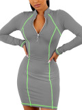 Gray Mini Full Sleeves Bodycon Dress Zip Comfortable Fabrics Classic Fashion
