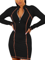Black Bodycon Dress Patchwork Front Zipper Comfortable Fabrics Fashion Style