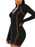 Black Bodycon Dress Patchwork Front Zipper Comfortable Fabrics Fashion Style