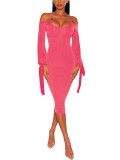 Pink Full Sleeves Tie Cuffs Bodycon Dress Solid Color Smooth Fabrics Fashion Style