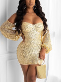 Gold Bubble Sleeve Sequin Bodycon Dress Pretty Comfort Fashion