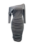 Silver Ruched Long Sleeve Bodycon Dress  Off Shoulder Long Sleeve Loose Fitting