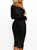 Black Bodycon Dress Off Shoulder Long Sleeve Loose Fitting Stunning Style