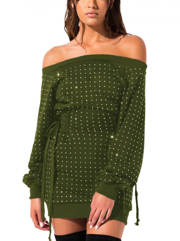 Splendid Army Green Bodycon Dress Long Sleeve Rhinestone Feminine Elegance