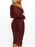Red Midi Length Bodycon Dress Sequin Pullover Sexy Fashion Style