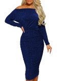 Blue Color Sequin Bodycon Dress Leisure Wear Off Shoulder Long Sleeve Loose Fitting