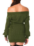 Splendid Army Green Bodycon Dress Long Sleeve Rhinestone Feminine Elegance