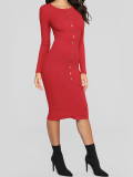 Retro Red Bodycon Dress Solid Color Round Collar Beautiful and Elegant Leisure Time