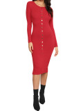 Retro Red Bodycon Dress Solid Color Round Collar Leisure Time