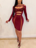 Wine Red Hollow Out Bodycon Dress Long Sleeve Beautiful and Elegant Loose Fit